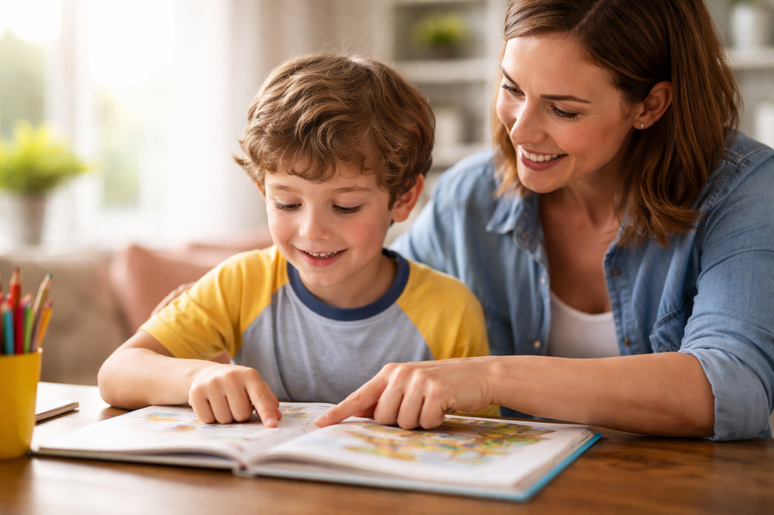 child guessing when reading and mom helping him in homeschool