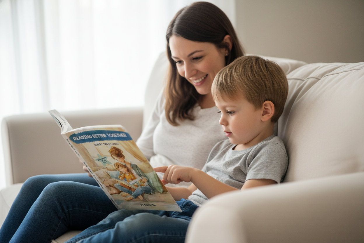 Mom and son reading from opposite viewpoint